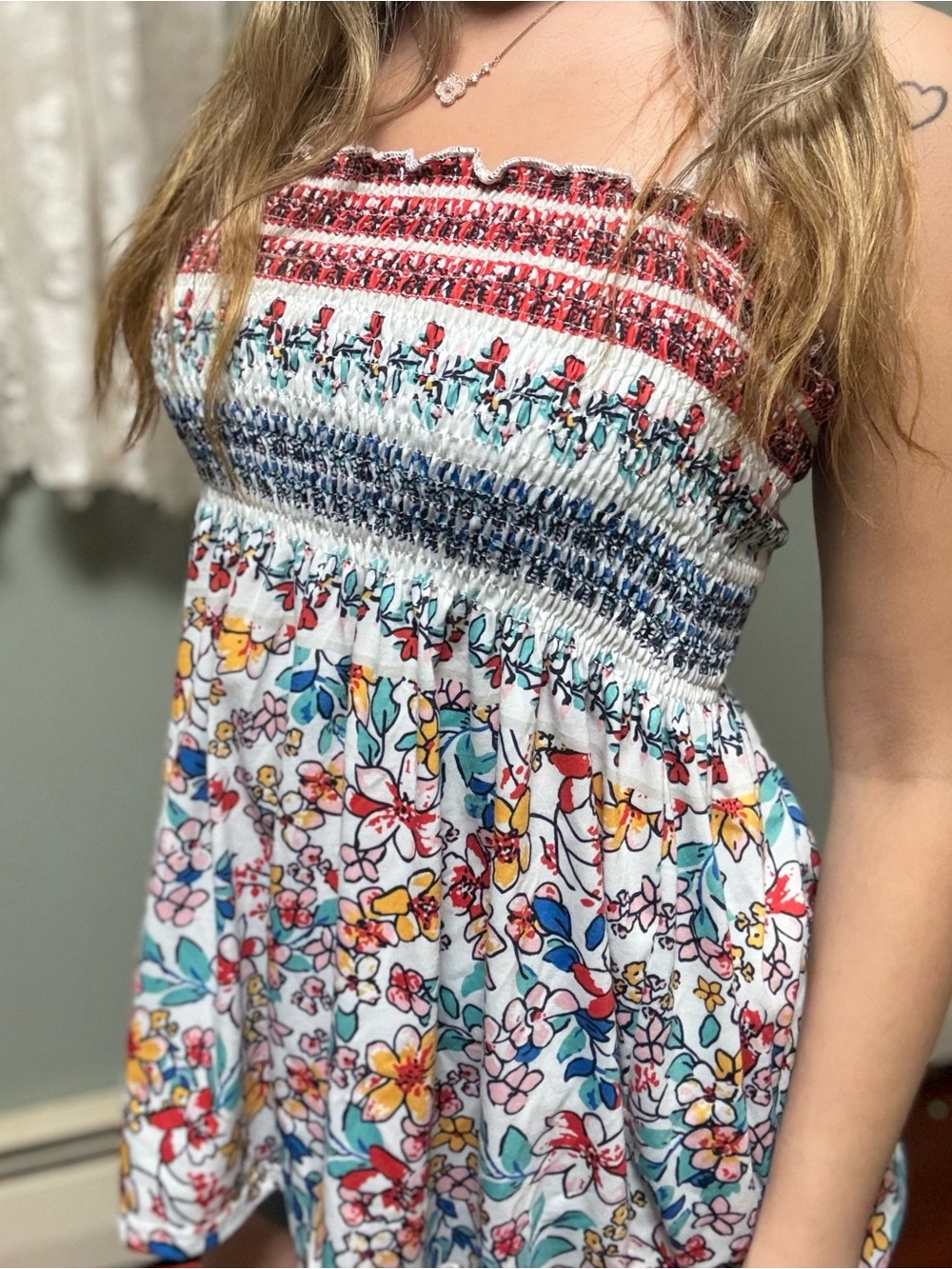 Floral Smocked Strapless top in White with Multicolor Print